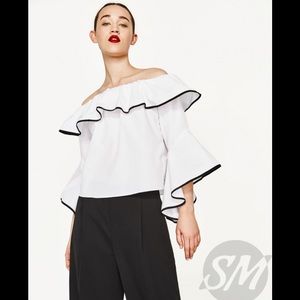 Zara white with black details ruffled top NWT